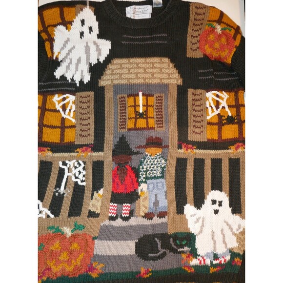 Northern Isles Vintage 90s Halloween Haunted House Ghost Hand Knit Sweater M - Picture 2 of 11